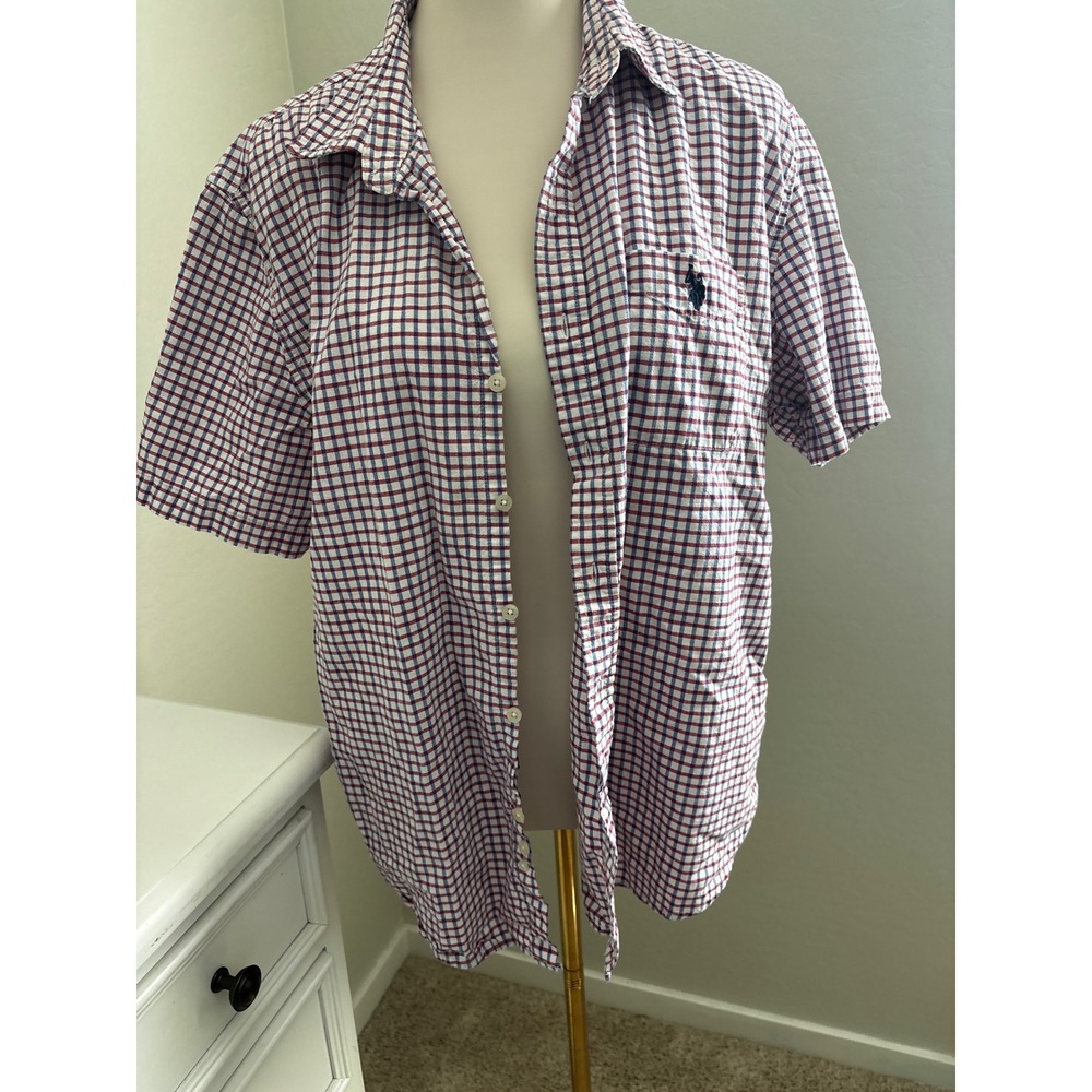 US Polo Assn Mens XL Short Sleeve Plaid Button Down Shirt Red White Blue Stretch